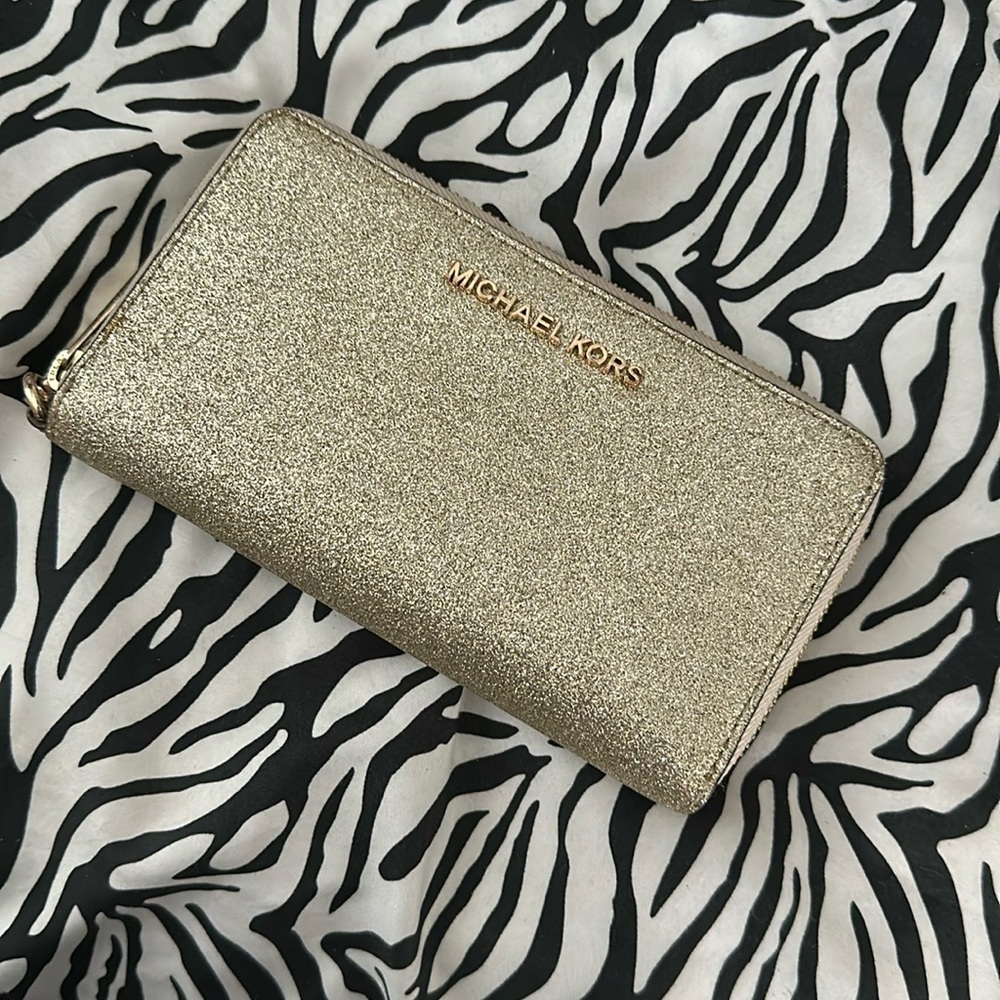 Michael Kors, gold glitter, wristlet wallet